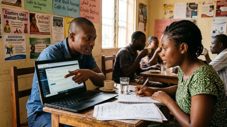 Créer son premier site web sans budget : le guide pas à pas - Launch Your First Website on a Budget: A Step-by-Step Guide Entrepreneur expliquant la création d'un site WordPress à une jeune femme dans un café de Douala, carnet de notes ouvert.