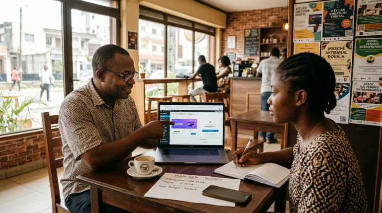 Lancer son premier site web sans se ruiner : le guide PME - Launch Your First Website on a Budget: A Small Business Guide Consultant expliquant la création d'un site WordPress à une entrepreneure dans un café de Douala