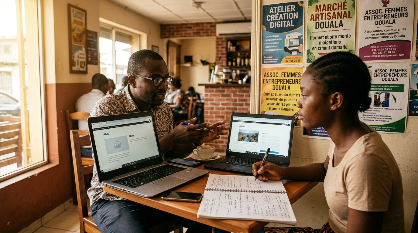 7 erreurs qui sabotent le site web de votre petite entreprise – 7 Mistakes That Are Killing Your Small Business Website Entrepreneur camerounais analysant le site web de sa PME avec une collaboratrice
