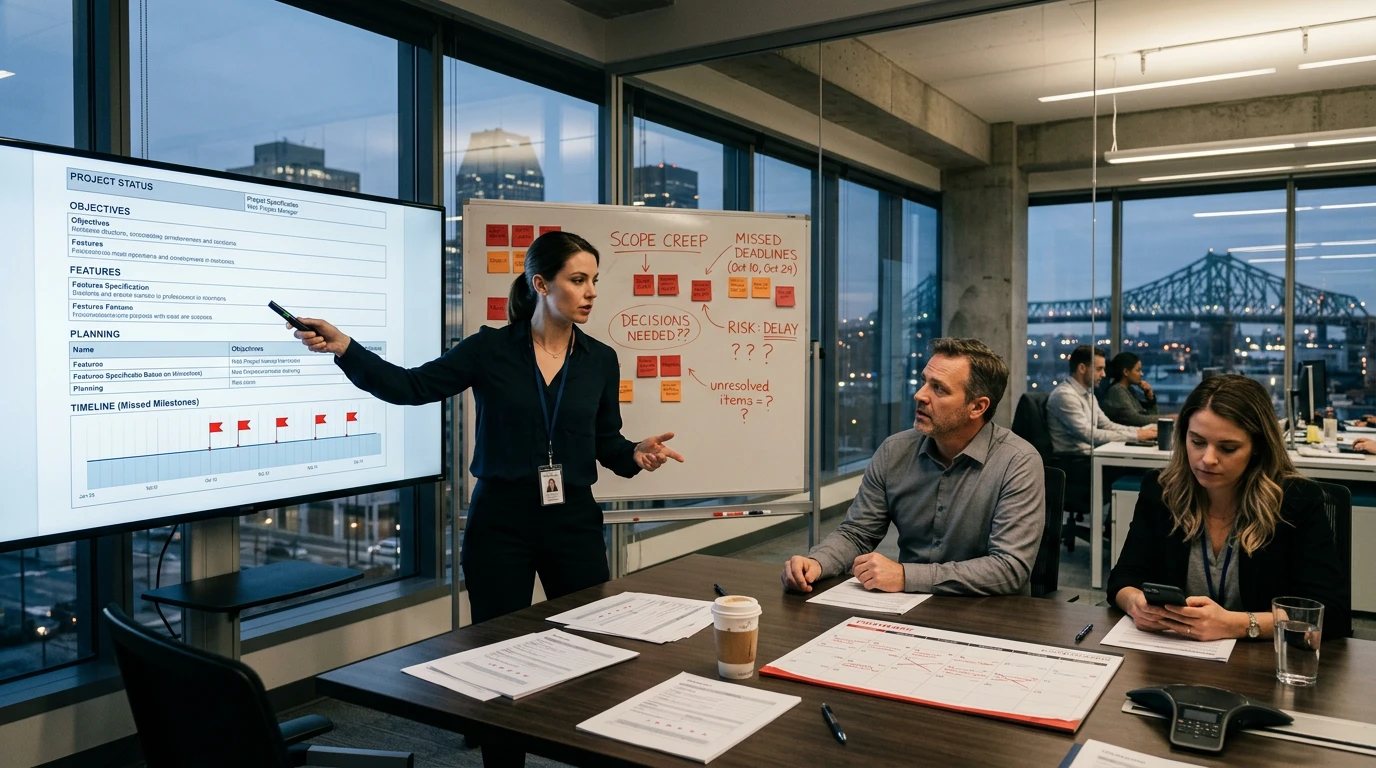 Web Project Going Wrong? Warning Signs to Catch Early Consultant presenting a structured web project brief to clients in a modern meeting room in Montreal
