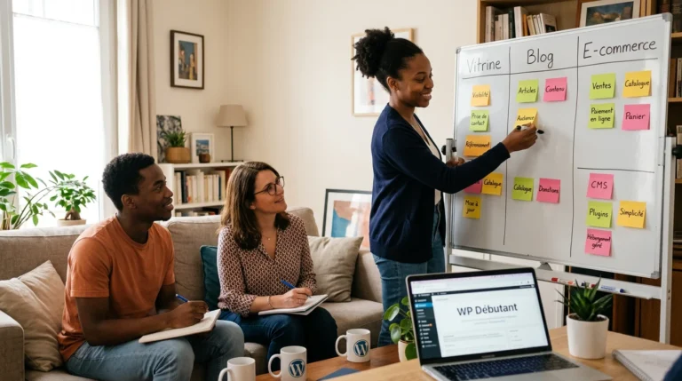 WordPress, vitrine ou e-commerce : quel site pour votre activité ? - WordPress, showcase or e-commerce: which website for your business? Tableau blanc avec 3 colonnes vitrine, blog, e-commerce et post-it colorés lors d'un atelier choix de site web - White board with 3 columns showcase, blog, e-commerce and colorful sticky notes during a website choice workshop