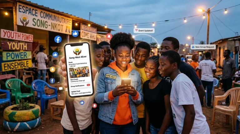 Comment Song-Nkot 4Ever mobilise sa communauté grâce au web - How Song-Nkot 4Ever Builds Community Engagement Online Jeunes d'un quartier découvrant la page Facebook d'une association sur smartphone, sous la lumière chaude des lampadaires. - Young people in a neighborhood outdoor space viewing a youth association Facebook page on a smartphone at night.