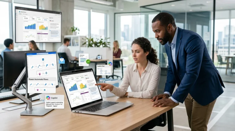 IA et Power Platform : booster une PME avec moins d’administratif - How AI and Power Platform cut admin time and boost SME visibility Deux collegues en open space analysent un tableau de bord Power BI pour automatisation IA - Two coworkers in modern office review Power BI dashboard for AI automation and data