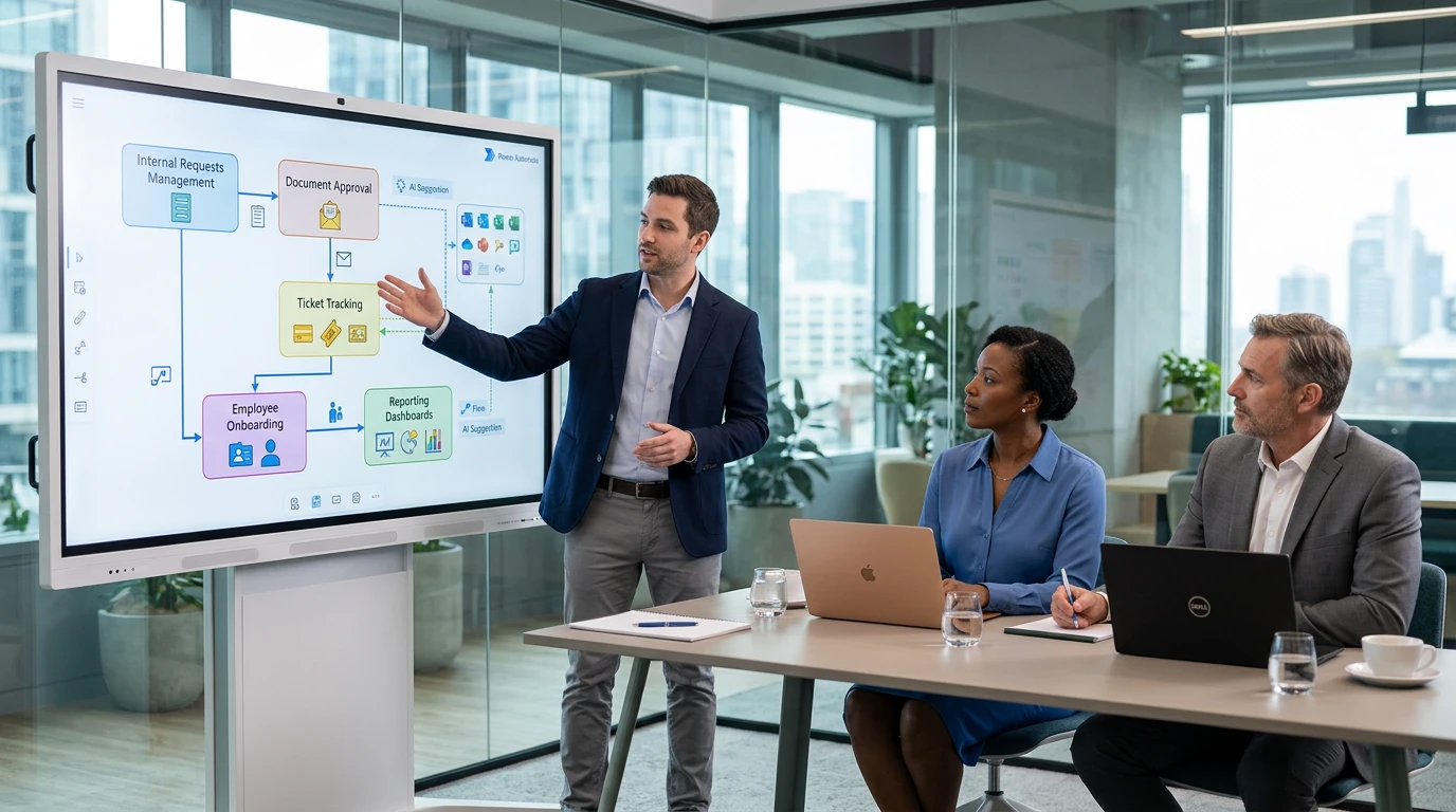 5 processus à automatiser d’urgence pour booster votre entreprise Consultant expliquant un workflow d automatisation sur grand ecran a deux responsables RH IT - Consultant showing an automated workflow diagram on a large screen to two HR IT managers