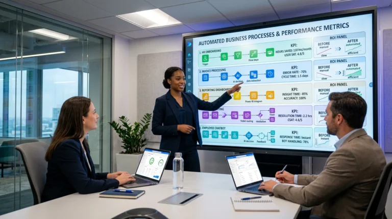 5 processus à automatiser dès maintenant et comment mesurer le ROI - 5 business processes to automate now and how to track AI ROI Consultant expliquant un workflow automatisé sur écran à des responsables RH/IT - Consultant showing an automated workflow on a large screen to HR and IT managers