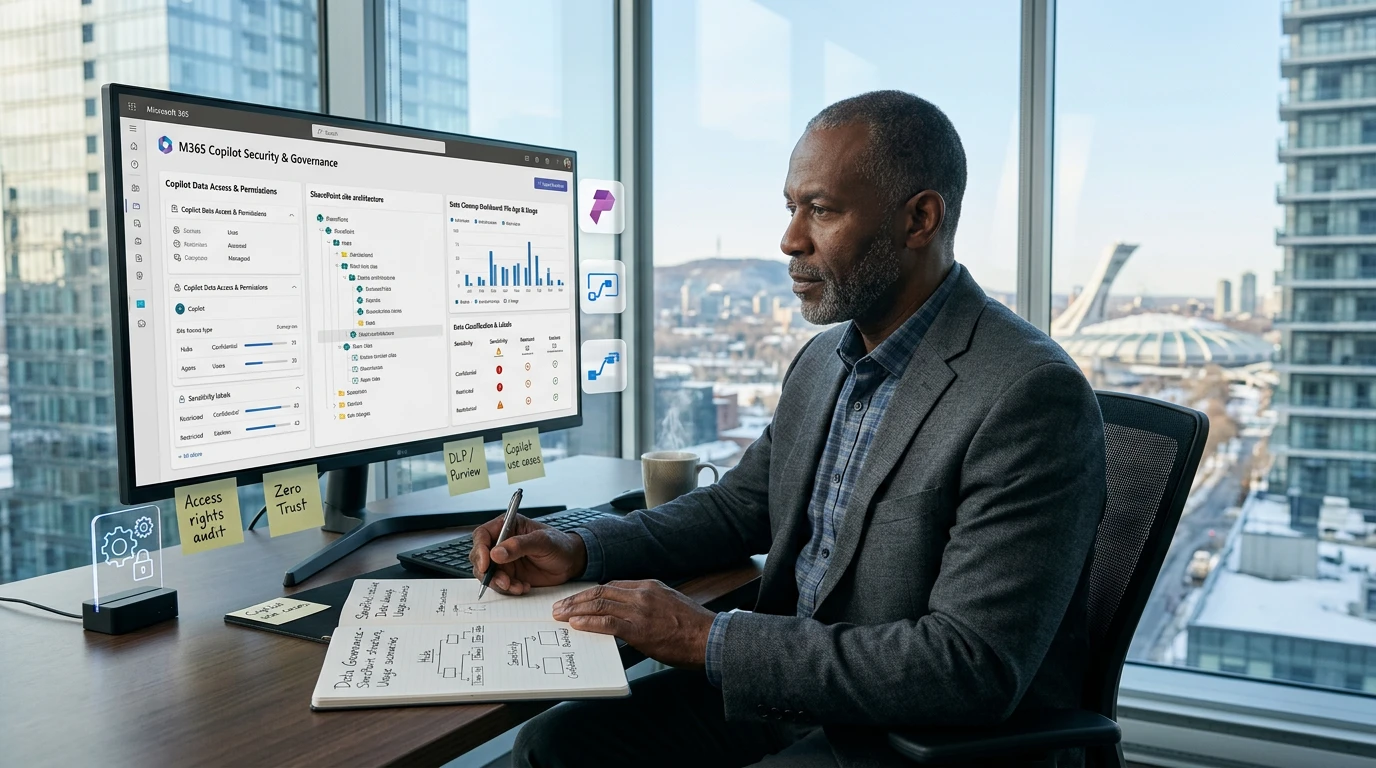 Microsoft 365 Copilot : sécuriser SharePoint et vos données en 3 étapes – Microsoft 365 Copilot: secure SharePoint and data in 3 key steps Professionnel à Montreal configurant Microsoft 365 Copilot et la gouvernance des donnees - Professional in Montreal office setting up Microsoft 365 Copilot and data governance