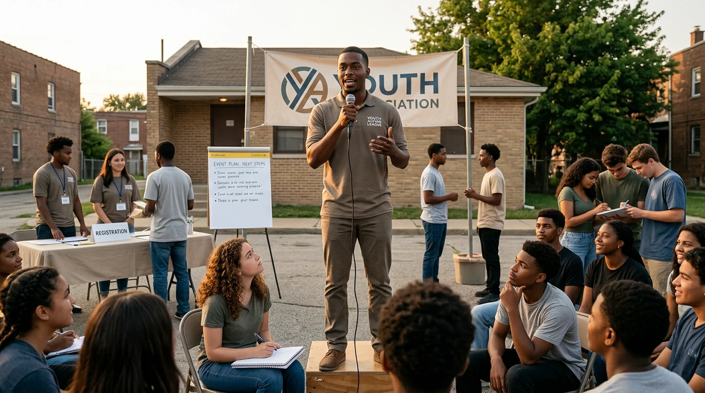 10 ans président d’association de jeunes : 7 leçons de leadership Jeune president d’association parle au micro devant des jeunes, leadership communautaire - Young association president speaks on outdoor stage to youth group, community leadership