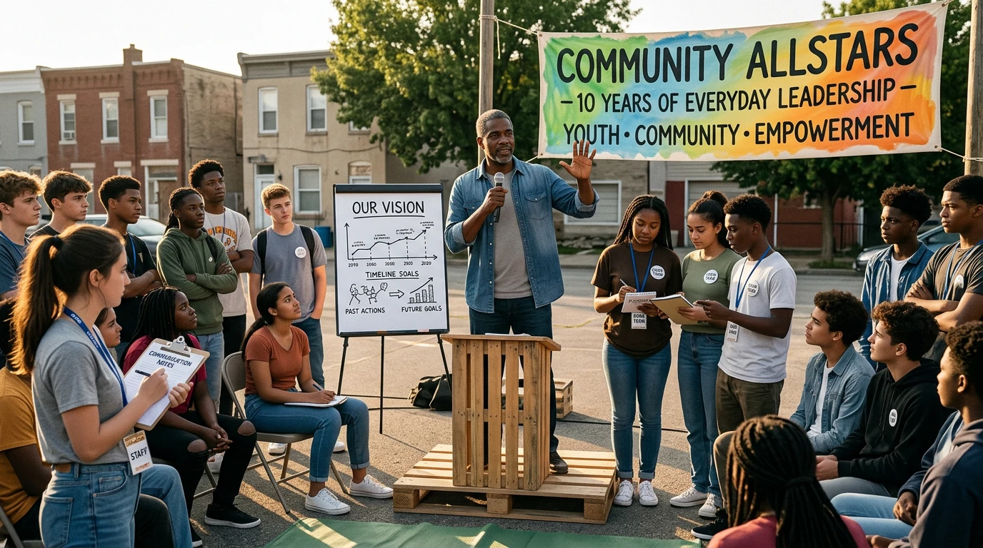 10 ans président d’association de jeunes : mes clés de leadership Jeune president d’association sur podium en plein air, micro en main, leadership communautaire - Young association president on outdoor stage with microphone, speaking on youth leadership