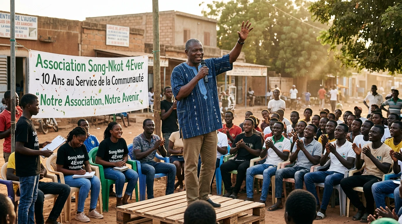 Président d’association de jeunes parlant au micro sur un podium improvisé, ambiance leadership de quartier - Youth association leader speaking into a microphone on an improvised podium, neighborhood leadership scene