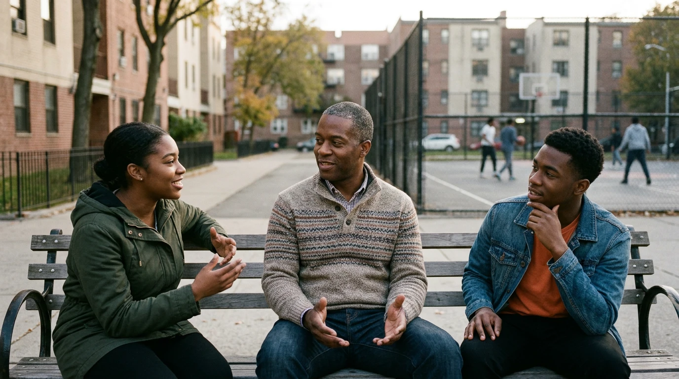 Associations et jeunes : comment la confiance se construit – How Associations Build Confidence in Young People Discussion de confiance dans une association avec deux jeunes adultes sur un banc de quartier - Trust-building conversation in a youth association with two young adults on a neighborhood bench