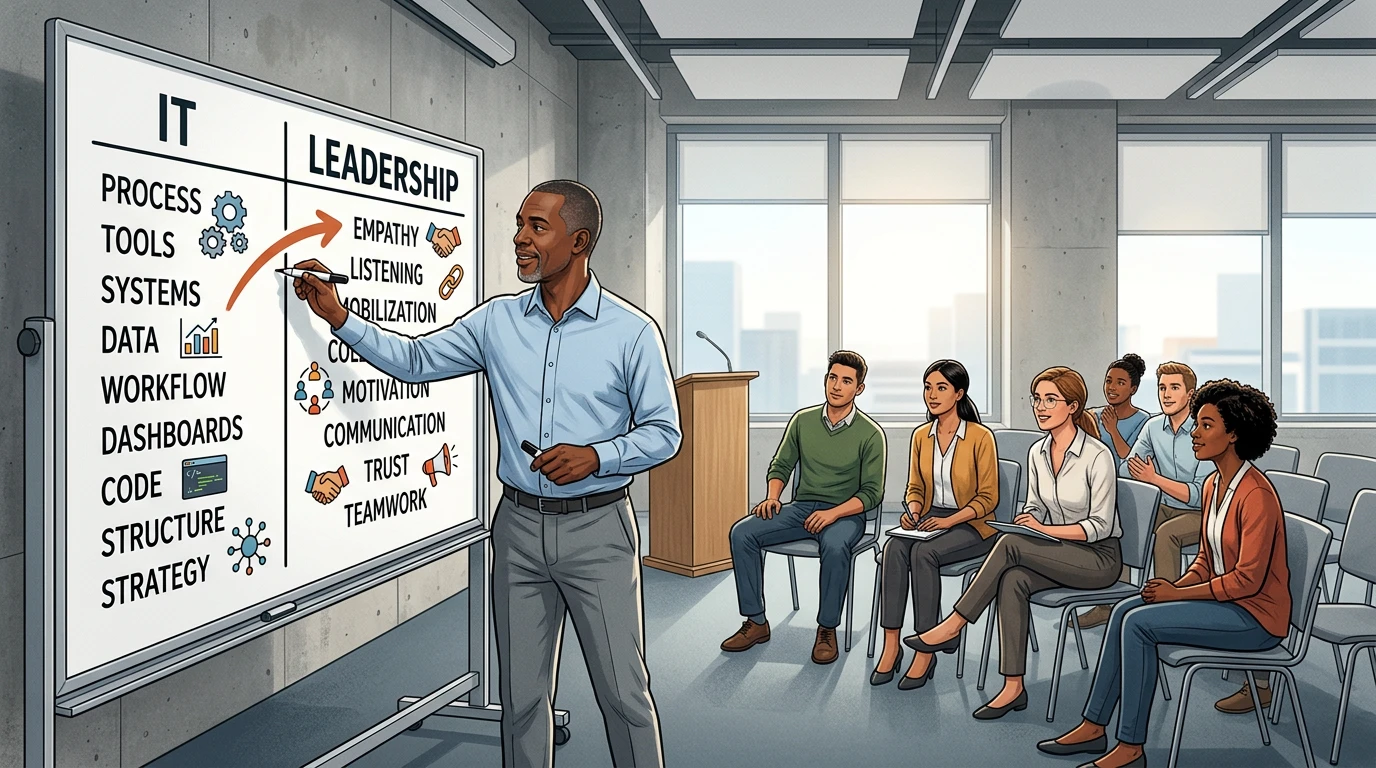 IT et leadership associatif : le duo puissant pour mieux agir Tableau comparant IT et leadership, avec mots-clés et flèche reliant outils, processus, empathie et mobilisation. - Board showing IT and leadership columns, linking tools, processes, empathy and mobilization with an arrow.