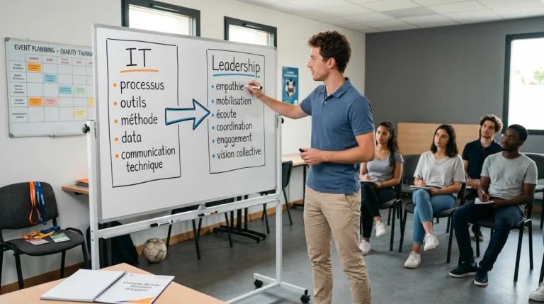 Schéma IT et leadership avec mots-clés, flèche de liaison et jeunes observant en salle - IT and leadership diagram with keywords, connecting arrow, and young people watching in a room