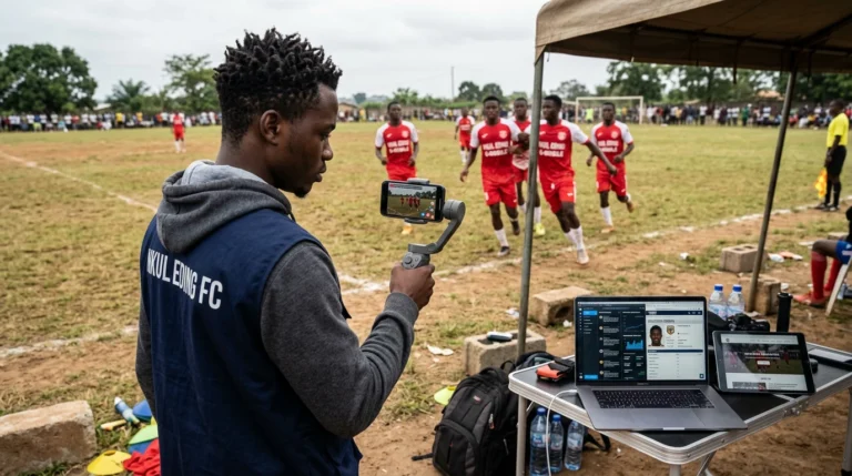 Photo d’un terrain de football en terre battue avec smartphone, filmant un match de Nkul Eding pour la communication digitale - Photo of a dirt football pitch with a smartphone filming a Nkul Eding match for digital communication