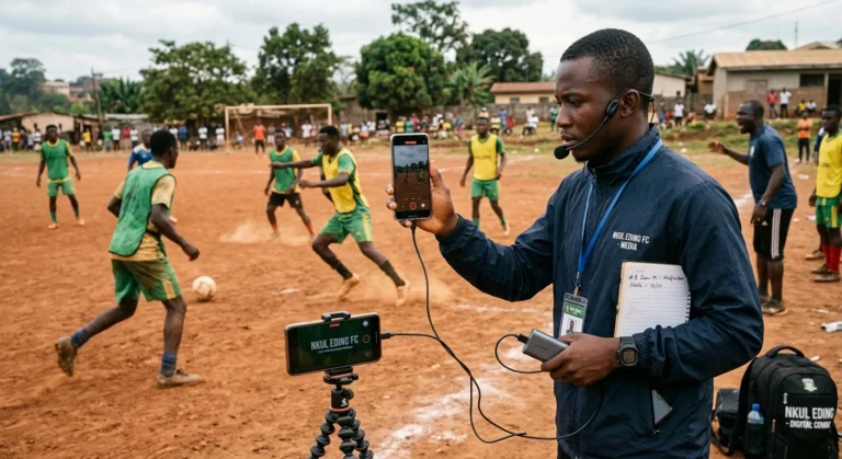 Photographe au bord d’un terrain, smartphone en main, filmant un match de football de Nkul Eding pour la présence digitale. - Photographer by a dirt football pitch, smartphone in hand, filming a Nkul Eding training session for digital presence.