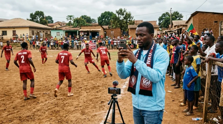 Homme filmant un match de football avec smartphone près du terrain, image de communication digitale du club Nkul Eding. - Man filming a football match with a smartphone by the pitch, digital communication image for Nkul Eding.