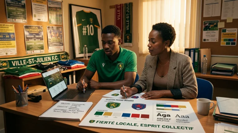 Jeune dirigeant de club découvrant des propositions de logo, couleurs et maillot pour une identité visuelle de football. - Young club manager reviewing logo and color proposals for a football club visual identity.