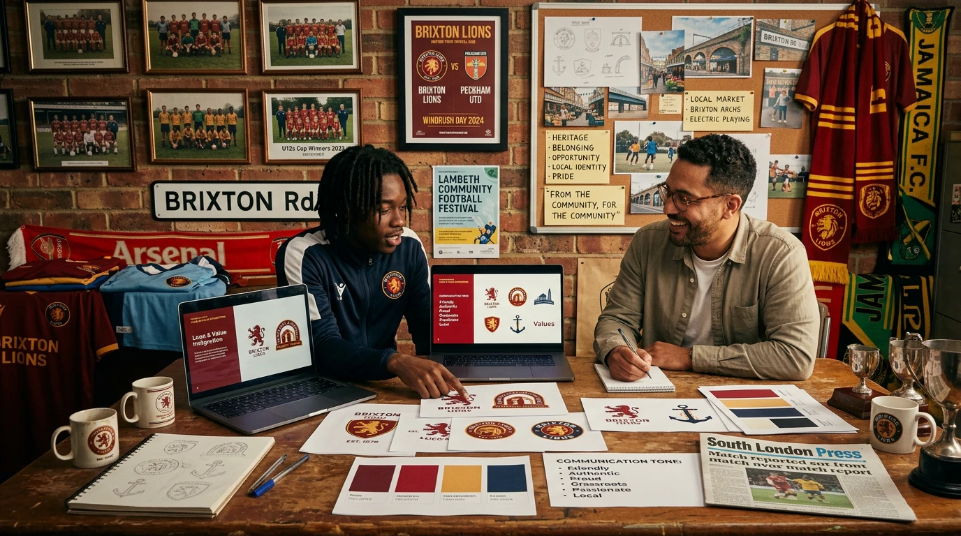 Marque de club amateur : logo, couleurs et histoire locale – Building an Amateur Club Brand: Logo, Colors and Local Story Réunion de branding pour club amateur avec propositions de logo, couleurs et maillots dans un petit bureau de football. - Branding meeting for an amateur football club with logo ideas, colors and jerseys in a small office.