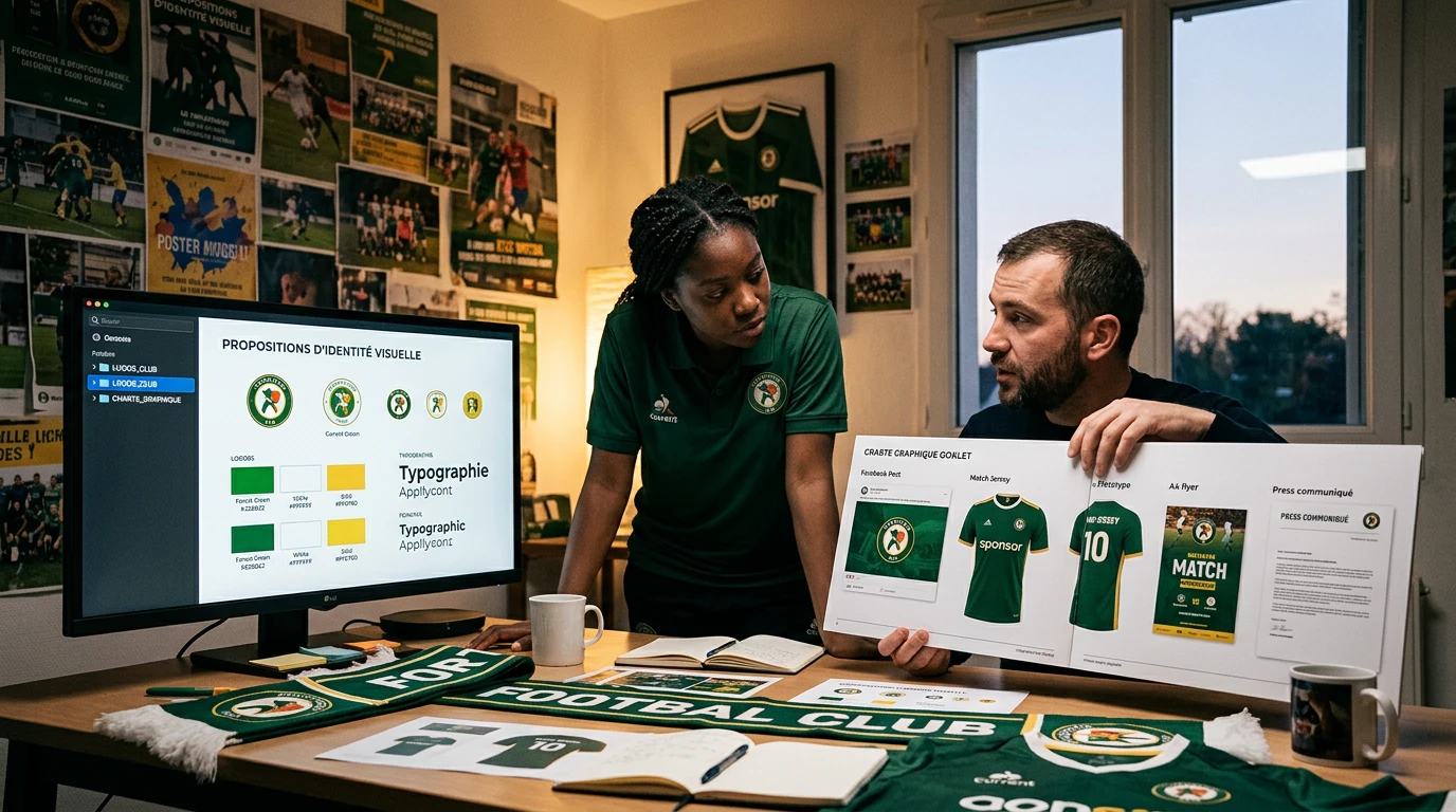 Jeune dirigeant et conseiller choisissant logo, couleurs et charte graphique pour un club amateur de football. - Young club manager and advisor selecting logo, colors and visual identity for an amateur football club.