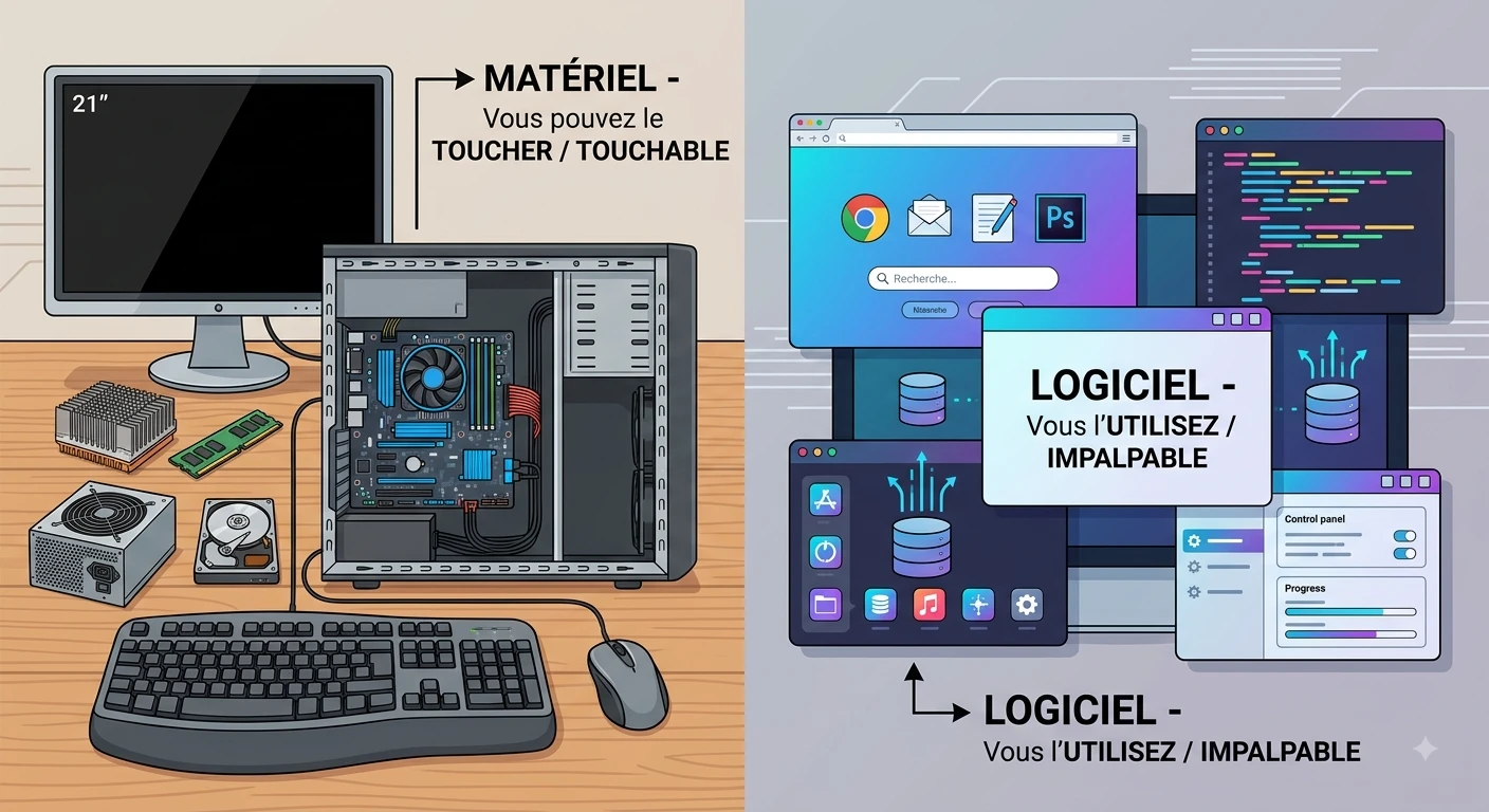 Matériel vs logiciel : comprendre la différence en images – Hardware vs Software: Understand the Difference with Images Schéma simple du matériel et du logiciel pour débutants en support TI - Simple diagram of hardware and software for beginners in IT support