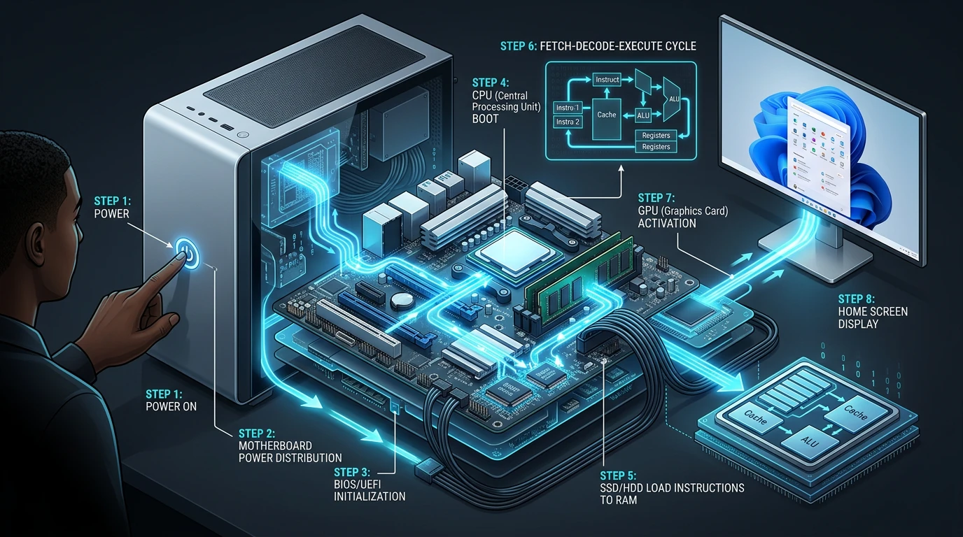 Comment fonctionne un ordinateur, du bouton ON à l’écran d’accueil – How a Computer Works, from the Power Button to the Home Screen Schéma d’un ordinateur expliquant le démarrage et le parcours des données en support TI. - Computer diagram showing the startup process and data flow in IT support.